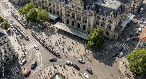 Bustling European City Square With Trams And Pedestrians