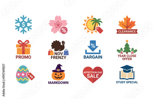 Wintertime savings badge, blossom festival discount crest, sunshine holiday deal stamp, leaf season clearance ribbon, gift