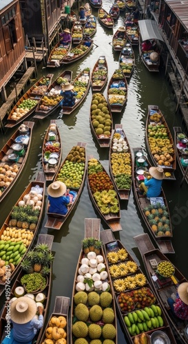 Bustling Floating Market Scene Displays Abundant Fresh Produce From Above