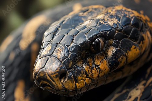 a close up macro photograph of a cobra reveals detailed scales, intense eyes, and the powerful presence of a dangerous reptile