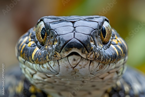 a close up macro photograph of a cobra reveals detailed scales, intense eyes, and the powerful presence of a dangerous reptile