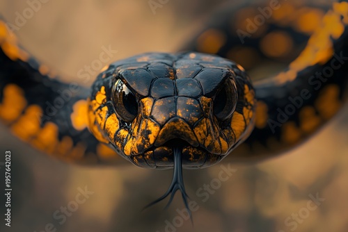 a close up macro photograph of a cobra reveals detailed scales, intense eyes, and the powerful presence of a dangerous reptile
