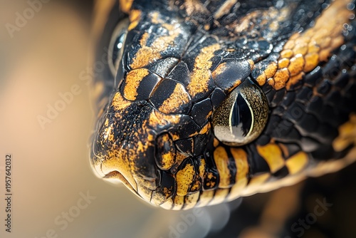 a close up macro photograph of a cobra reveals detailed scales, intense eyes, and the powerful presence of a dangerous reptile