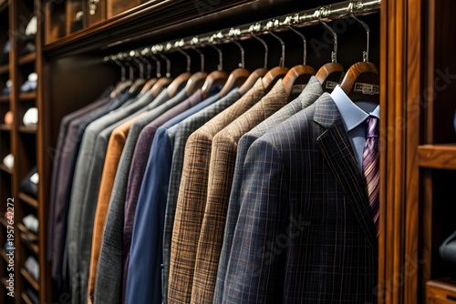 a collection of elegant tailored suits and jackets is neatly displayed in a modern luxury wardrobe, showcasing refined mens fashion and style