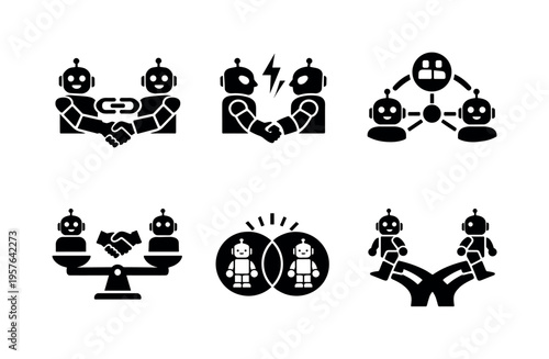 Solid style icons of cooperative and competitive bot dynamics: alliance link, rivalry split, shared-resource node,