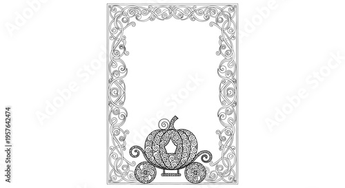 Intricate Black and White Mandala Line Art Frame with Decorative Swirls and Floral Accents, Perfect for Fairy Tale Invitations and Adult Coloring.