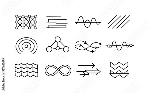 Line style vector icons of email marketing campaign engagement tracking: pattern mesh, variation band, rhythm contour, pattern