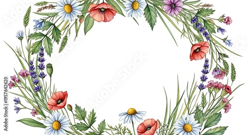 Watercolor floral wreath with wildflowers, daisies, poppies, and lavender