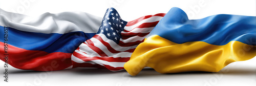 Russia, United States, and Ukraine flags standing together, symbolizing international relations, diplomatic conflicts, global partnerships, and geopolitical tensions