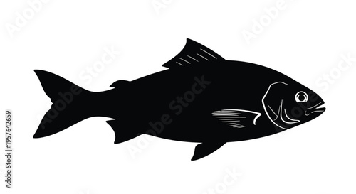 Black fish illustration, simple fish design, seafood icon, aquatic animal, vector graphics, modern style, isolated on white background