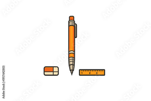 Flat vector illustration featuring a mechanical pencil, an eraser