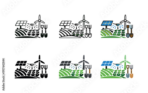 Sustainable Farm Icons. Sustainable farm icon depicting crop fields, irrigation systems, solar panels, and environmentally