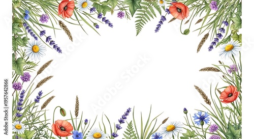 Watercolor Floral Border with Poppies, Daisies, and Lavender on White