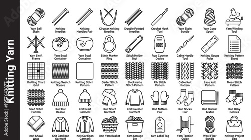 Collection of Knitting and Yarn Icons for Crafting and Sewing Projects