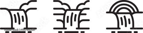 Waterfall Line Icon Set Of Three Featuring Flowing Water From Cliffs With Clouds And Rainbow Arc