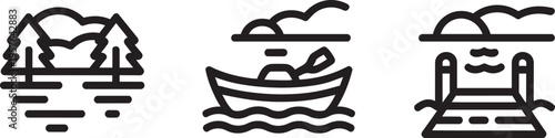 Lake And Nature Line Icon Set Featuring Pine Forest, Canoe With Rower, And Wooden Boat Dock