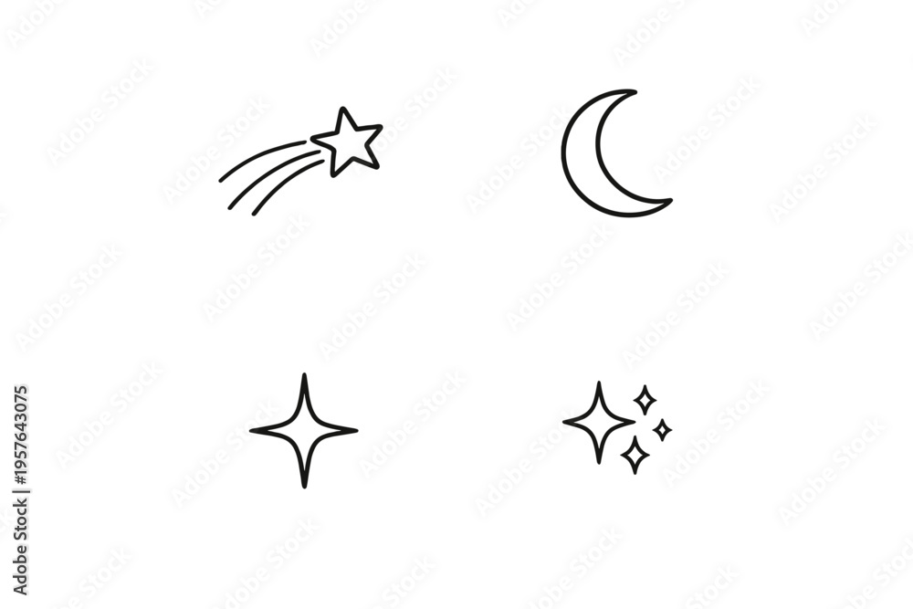 Obraz premium Minimalist black line art set of celestial icons including a shooting