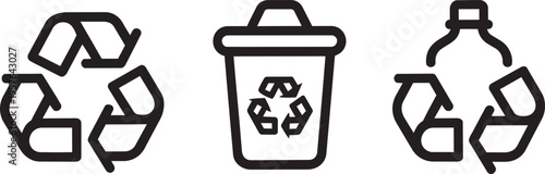 Recycling Symbol, Trash Bin, And Bottle With Recycling Symbol Outline Icons