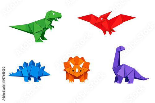 A collection of five colorful origami dinosaurs including a green