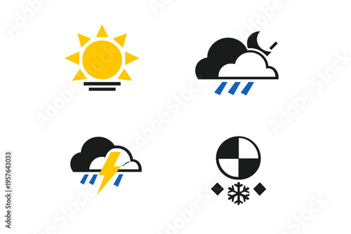 A set of four minimalist weather icons featuring a bright sun, a moon