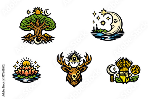 A set of five mystical illustrations featuring a tree of life, a