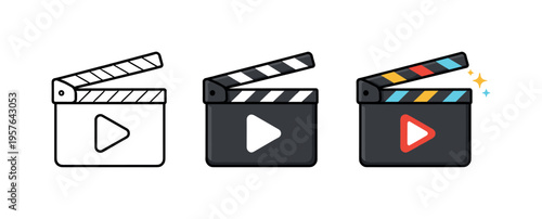 Streaming action illustrated through a clapperboard with hinged top slightly angled, same geometry displayed side by side in