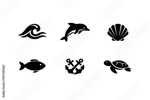 A set of six minimalist black icons related to the ocean, featuring a