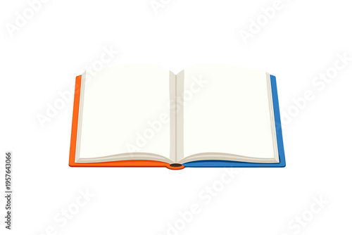 An illustration of an open book with blank white pages, featuring an