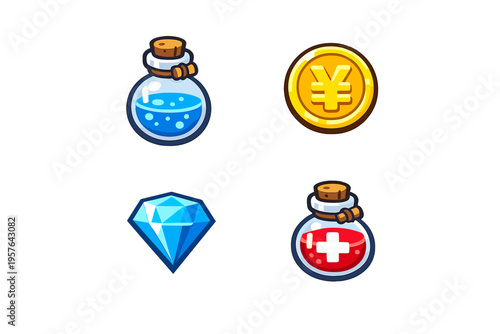 A set of four stylized game icons featuring a blue mana potion, a