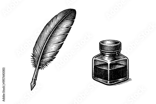 Hand-drawn engraving style illustration of a quill pen with a metal