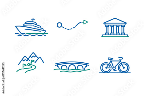 A collection of six travel and tourism icons including a cruise ship
