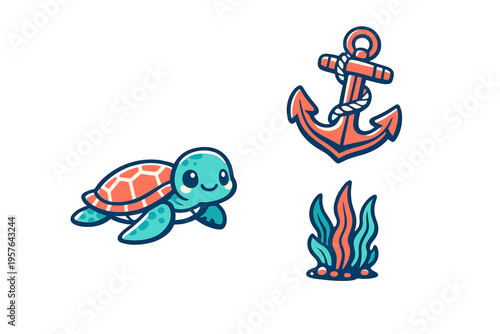 A set of three cute ocean-themed stickers featuring a smiling sea