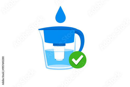 A flat vector illustration of a blue water filter pitcher with a