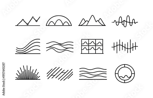 Line style vector icons of data visualization area charts: timing line, variation arc, variation contour, wave bar, frequency