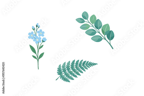 A botanical illustration featuring a sprig of blue forget-me-not