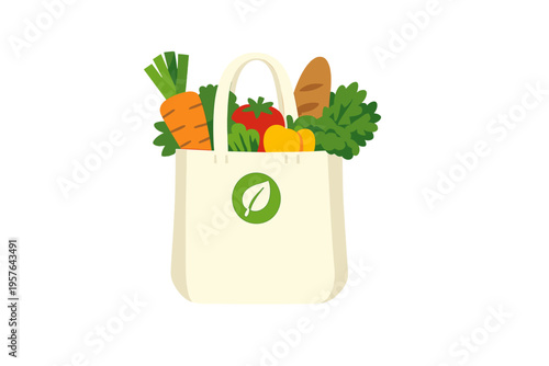 A vector illustration of a reusable cloth tote bag filled with fresh