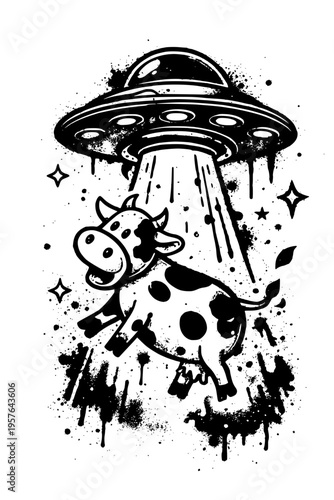 Black and white illustration of UFO abducting a cow