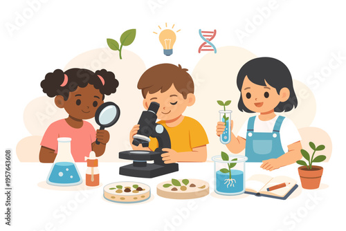 Three diverse children conduct biology experiments using a