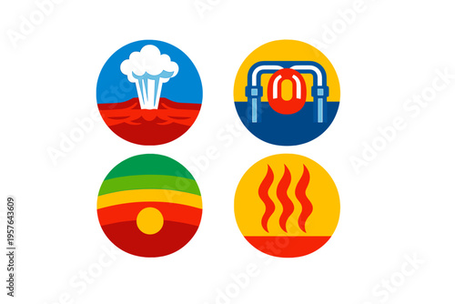 A set of four circular icons representing geothermal energy