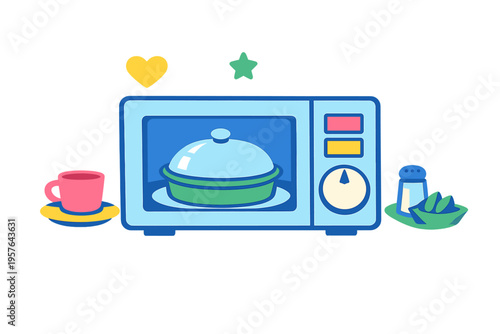 A colorful vector illustration of a light blue microwave oven with a
