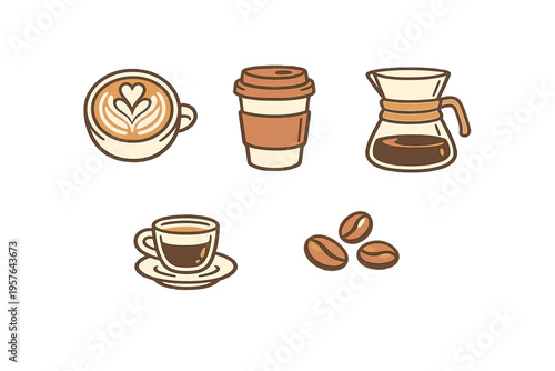 A collection of coffee-themed vector icons featuring a latte with