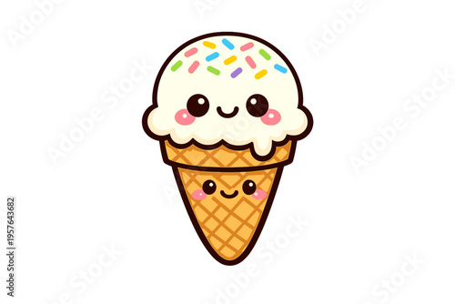 This cute kawaii ice cream cone illustration features a white scoop