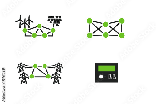 A set of four flat vector icons representing smart grid technology