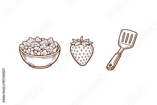 A hand-drawn collection of kitchen and food icons including a bowl of
