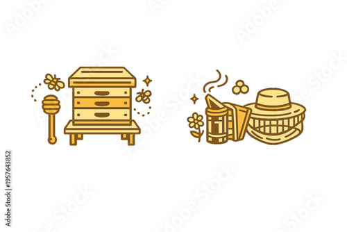 A set of stylized beekeeping illustrations featuring a wooden