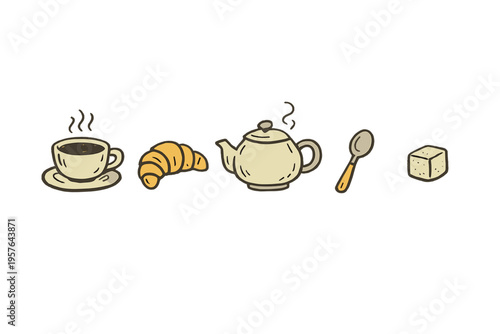 A hand-drawn illustration featuring a steaming cup of coffee, a flaky