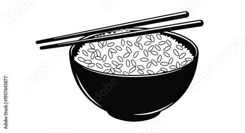 Delicious bowl of white rice with chopsticks on top, Asian food illustration, culinary concept, meal, cuisine, Asian