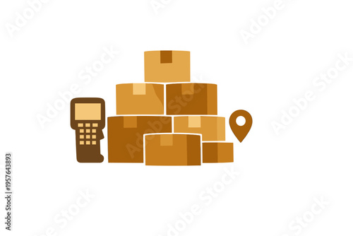 A vector illustration featuring a pile of brown cardboard boxes next