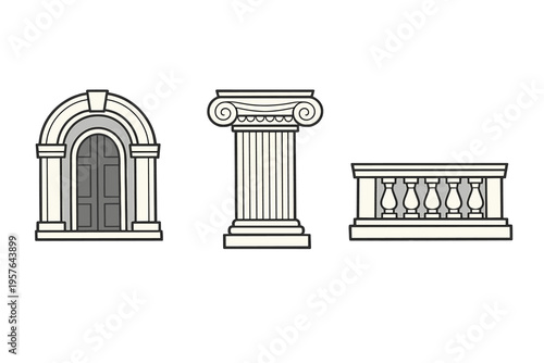 A set of three classical architectural elements including an arched