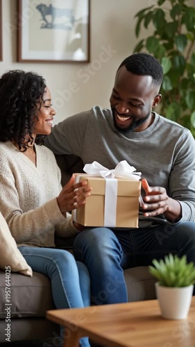 Joyful young couple sitting on the sofa in a cozy living room, exchanging a beautifully wrapped gift box with a white ribbon, expressing love, happiness, and togetherness.